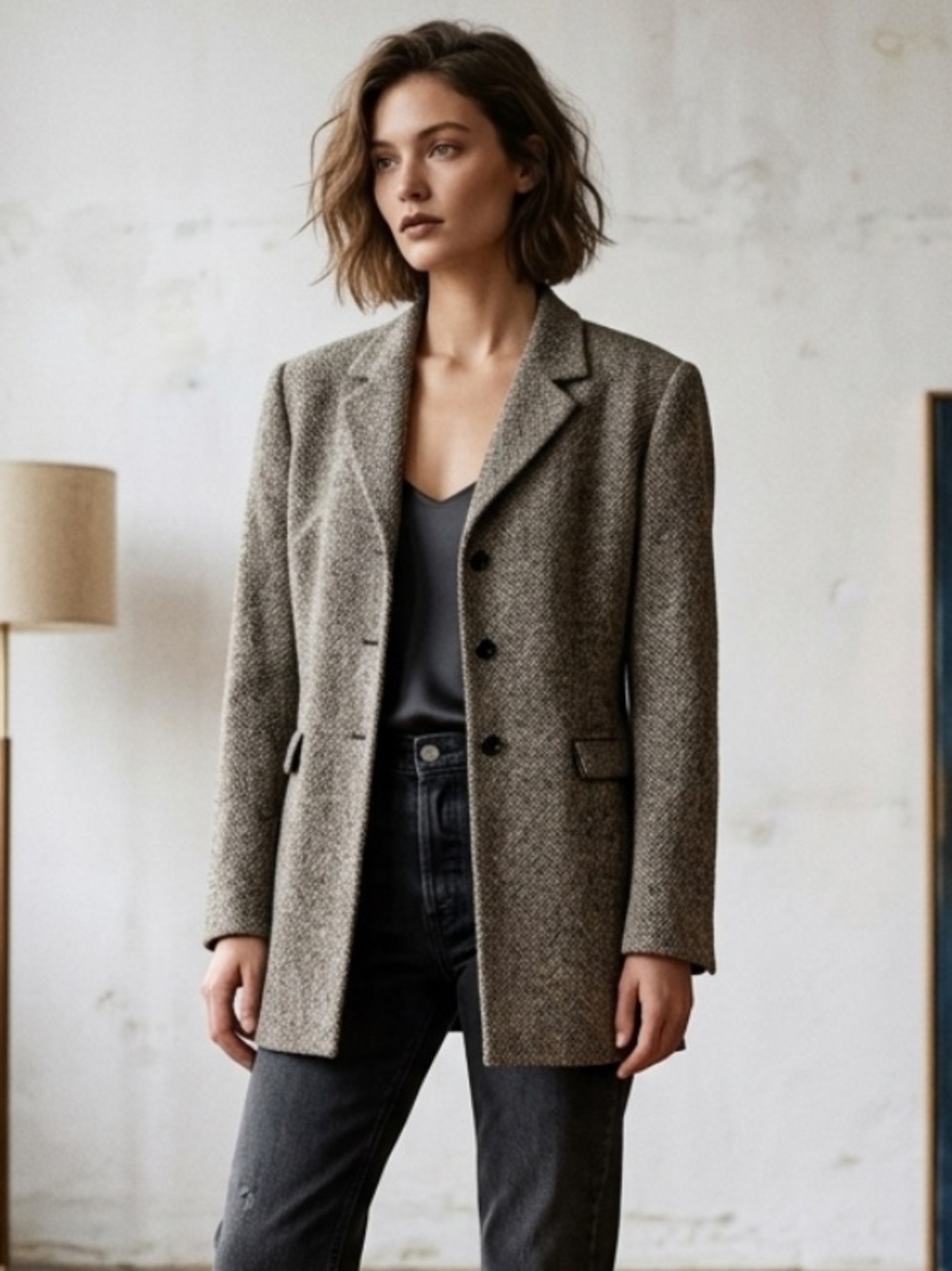 Vintage Betty Barclay Brown Herringbone Tweed Blazer Jacket Late 80s early 90s